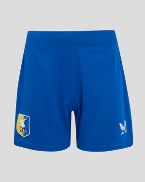 Blue Mansfield home shorts with flat waistband internal elastic crest on left thigh and Castore logo on right