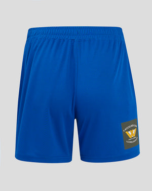 Blue Mansfield home shorts shown from back with flat waistband internal elastic side seam split crest on one thigh and Castore branding on the other