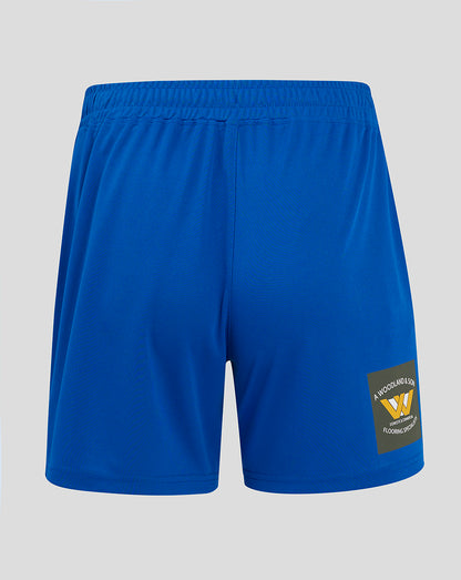 Blue Mansfield home shorts shown from back with flat waistband internal elastic side seam split crest on one thigh and Castore branding on the other