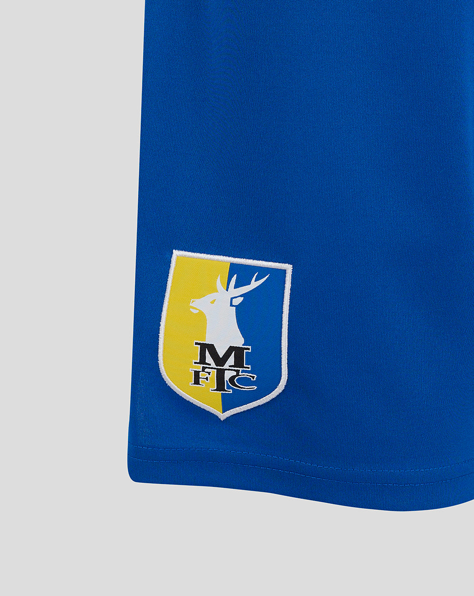 Blue Mansfield home shorts with raised two-colour shield crest on the right thigh.