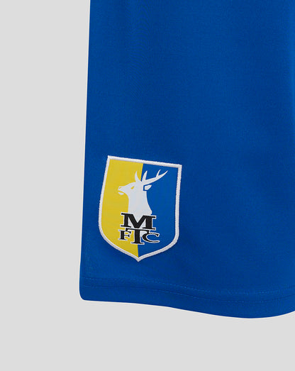Blue Mansfield home shorts with raised two-colour shield crest on the right thigh.