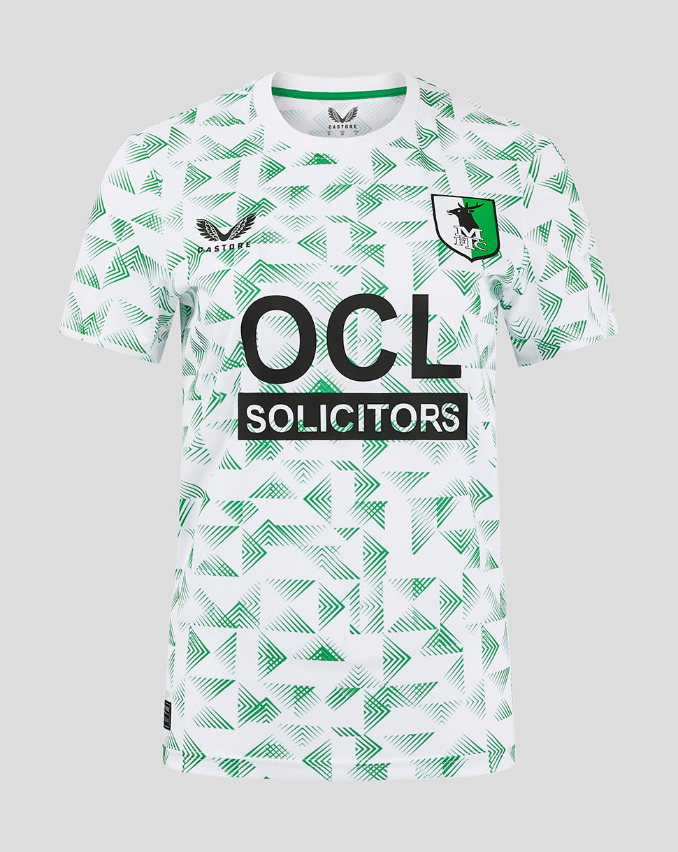 Front view of Mansfield Women’s Away Shirt with white base green geometric print crest on left chest and OCL Solicitors sponsor
