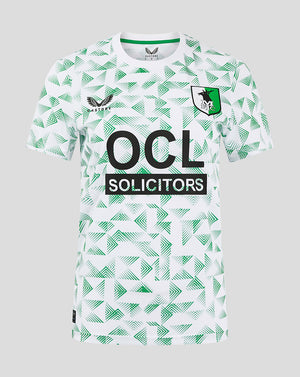 Front view of Mansfield Women’s Away Shirt with white base green geometric print crest on left chest and OCL Solicitors sponsor