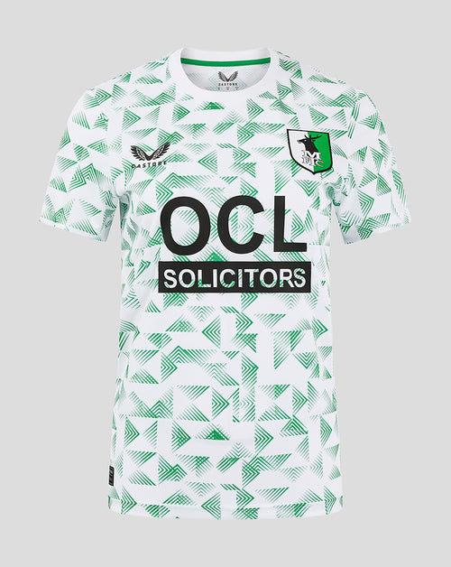 Front view of Mansfield Women’s Away Shirt with white base green geometric print crest on left chest and OCL Solicitors sponsor