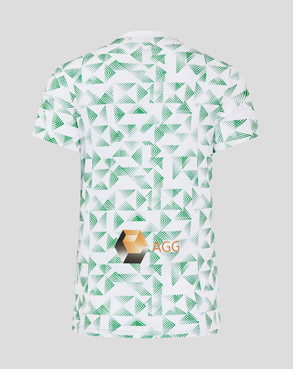 Back view of Mansfield Away Shirt with allover green chevron print and an AGG logo near the hem.