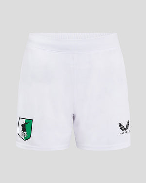 White Mansfield Away Shorts front view featuring a green shield crest on the left leg and Castore branding on the right leg