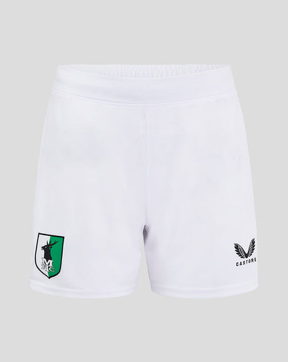 White Mansfield Away Shorts front view featuring a green shield crest on the left leg and Castore branding on the right leg