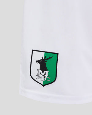 Close-up of the two-tone shield crest on Mansfield Away Shorts