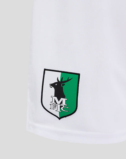 Close-up of the two-tone shield crest on Mansfield Away Shorts