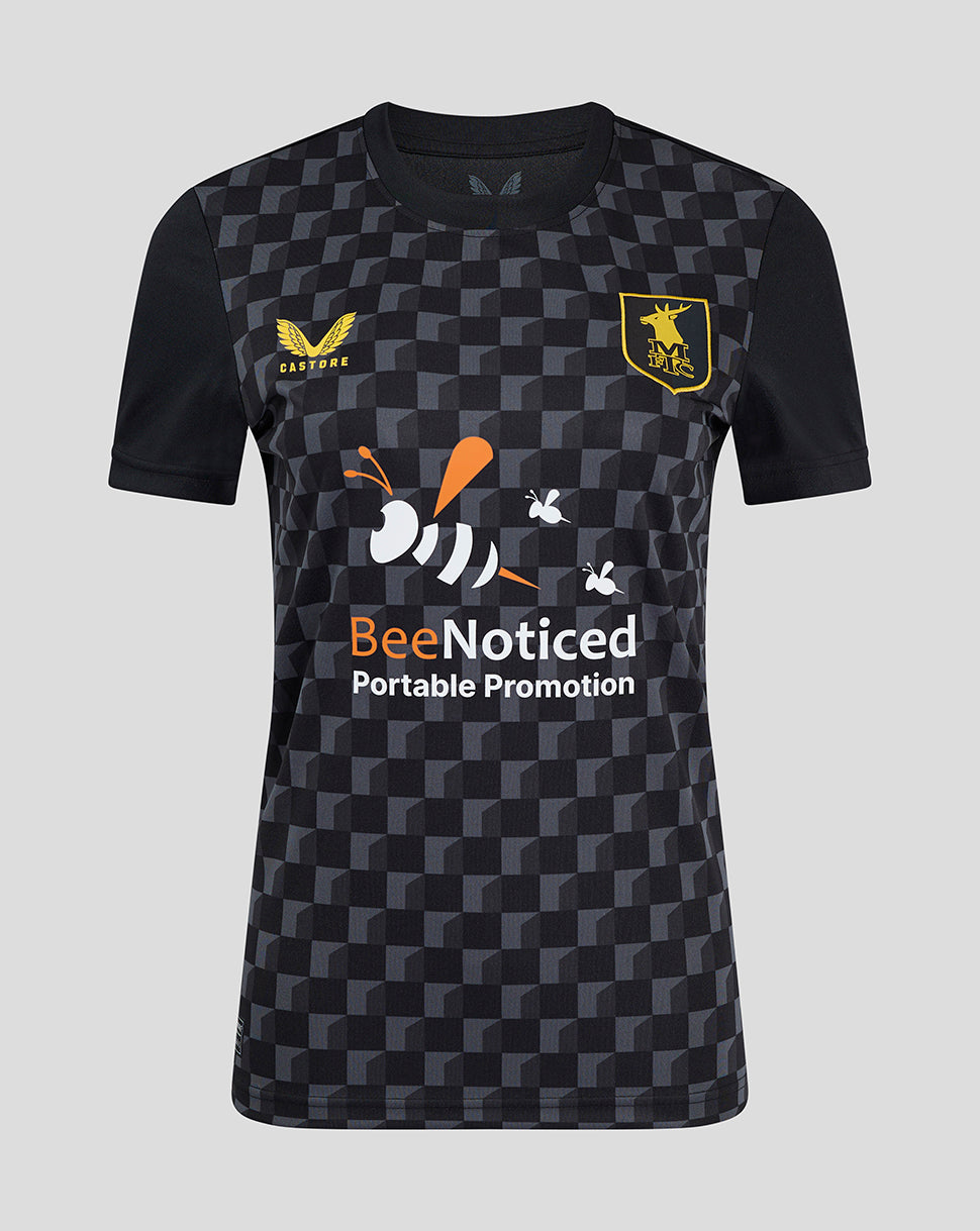 Womens Mansfield Third Shirt front view with dark geometric pattern crest on left chest Castore logo on right chest and BeeNoticed sponsorship across front