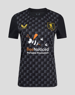 Womens Mansfield Third Shirt front view with dark geometric pattern crest on left chest Castore logo on right chest and BeeNoticed sponsorship across front