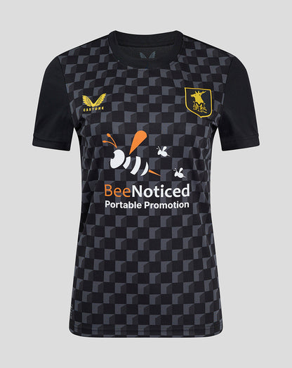 Womens Mansfield Third Shirt front view with dark geometric pattern crest on left chest Castore logo on right chest and BeeNoticed sponsorship across front