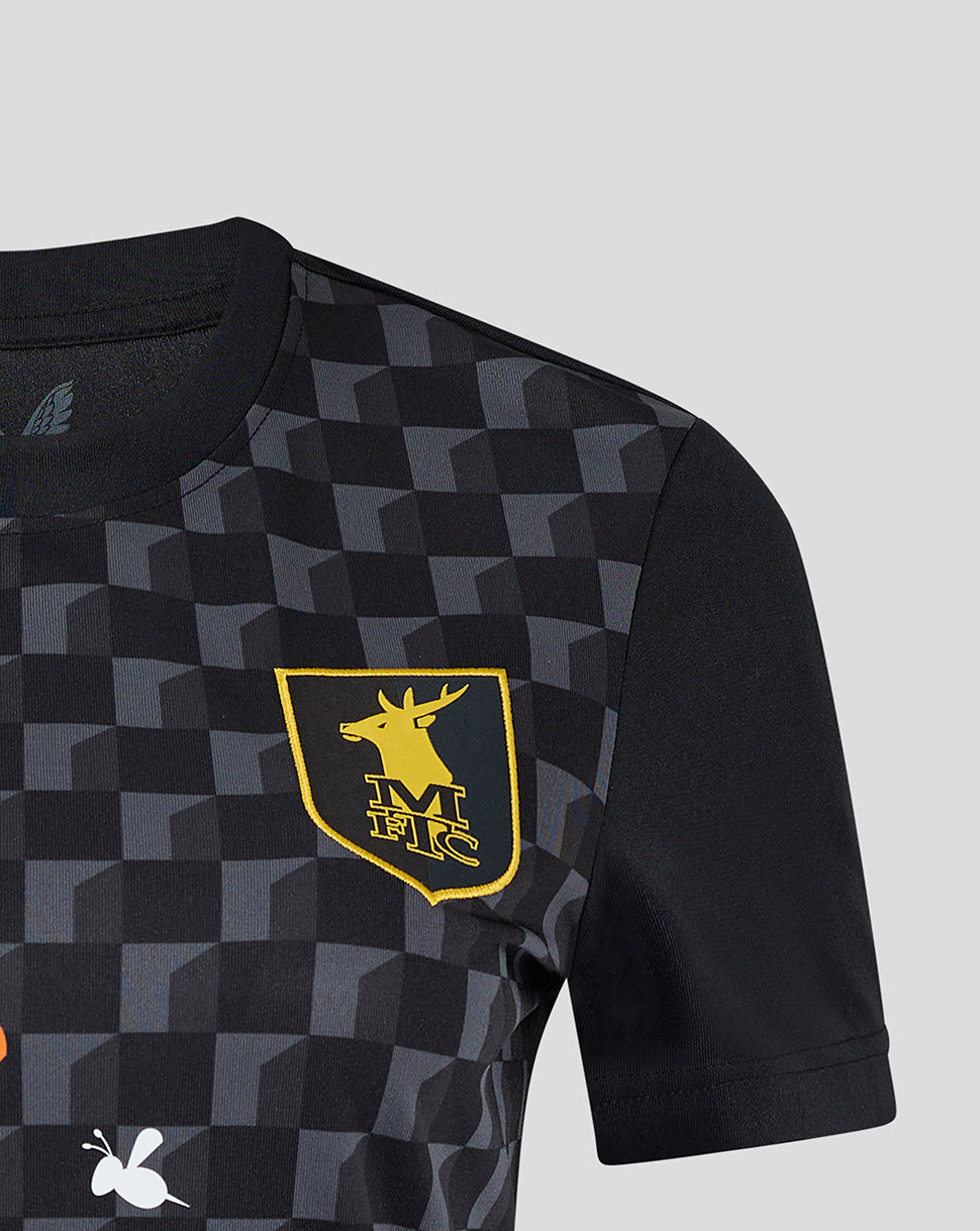 Mansfield Women's Third Shirt front with black grey geometric check pattern and a yellow crest.