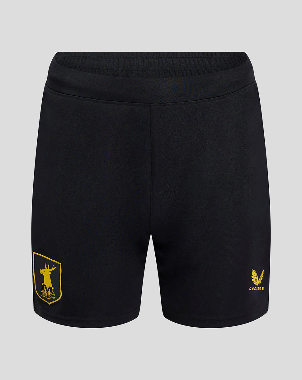 Black Mansfield women's 24/25 third shorts with gold crest on left thigh and Castore branding on right thigh