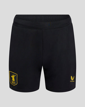 Black Mansfield women's 24/25 third shorts with gold crest on left thigh and Castore branding on right thigh