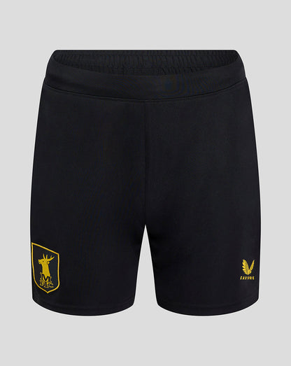 Black Mansfield women's 24/25 third shorts with gold crest on left thigh and Castore branding on right thigh