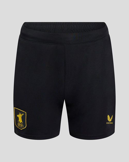 Black Mansfield women's 24/25 third shorts with gold crest on left thigh and Castore branding on right thigh