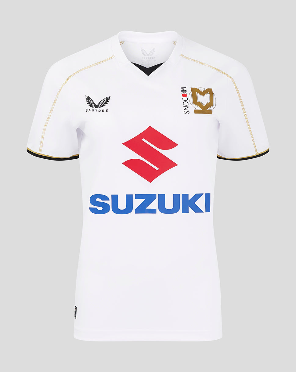 White MK Dons women's home shirt with Suzuki sponsor across the chest and Castore logo on the front