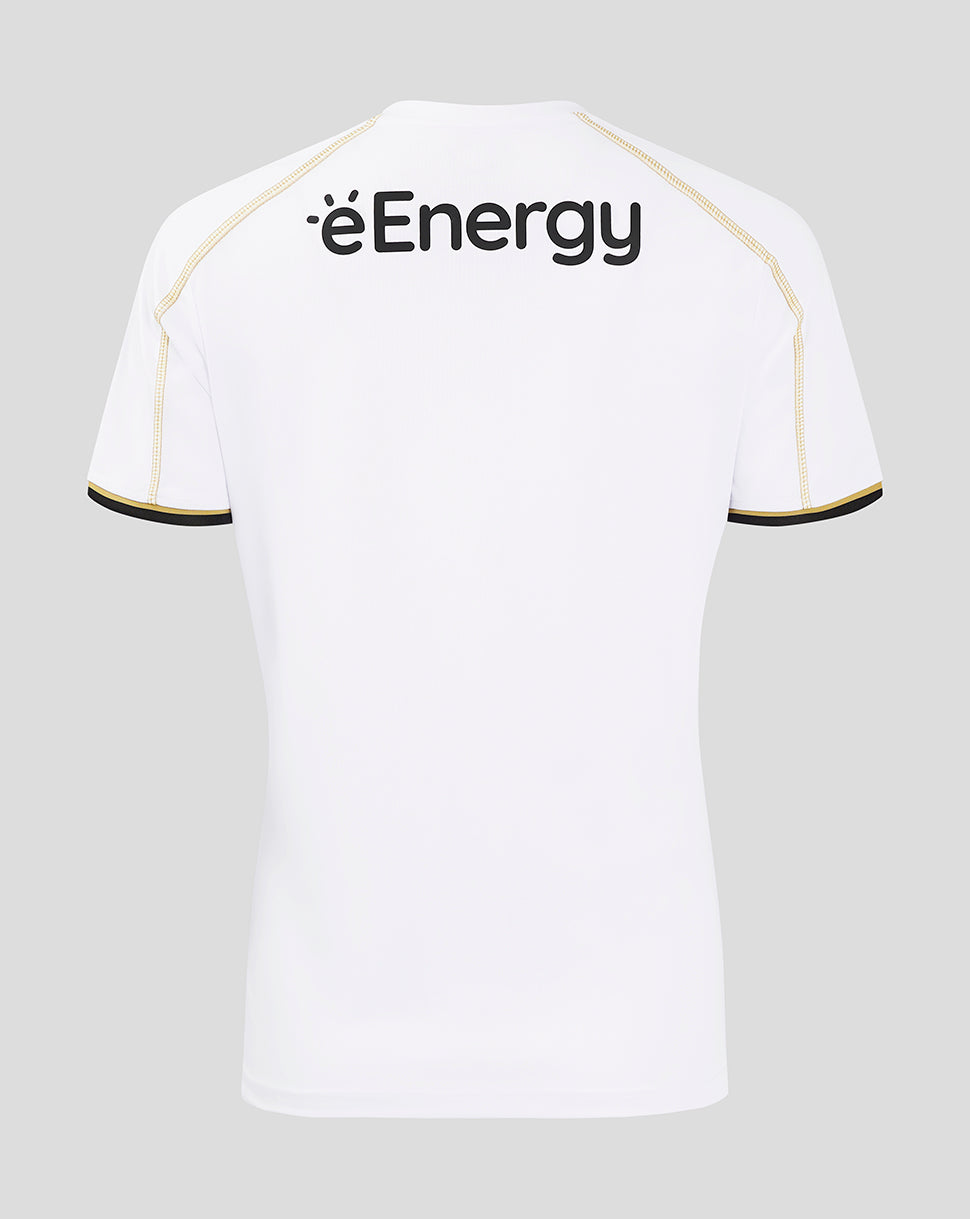 Back view of white MK Dons women's home shirt with éEnergy logo on the upper back and gold piping along the shoulders