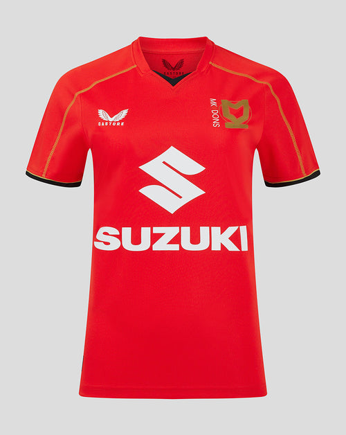 Front view of red Mk Dons women's away shirt featuring Suzuki sponsor logo across chest and club crest