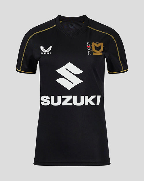 Mk Dons women's 24/25 third shirt in black with Suzuki sponsor logo across the front and club crest