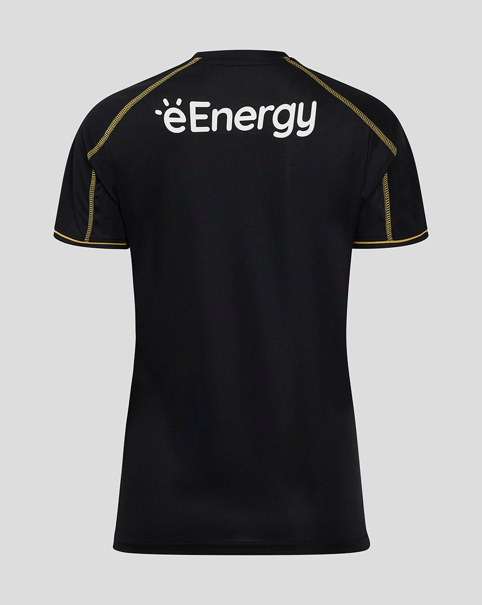 Back view of Mk Dons women's 24/25 third shirt in black with large white energy logo across the upper back
