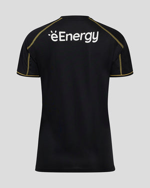 Back view of Mk Dons women's 24/25 third shirt in black with large white energy logo across the upper back