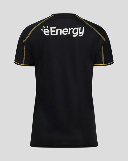 Back view of Mk Dons women's 24/25 third shirt in black with large white energy logo across the upper back