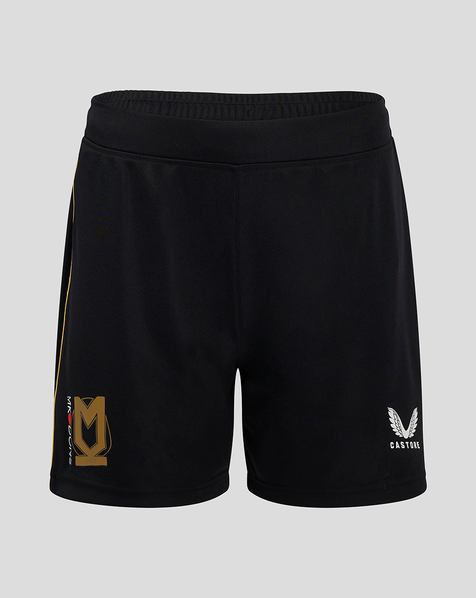 Black Mk Dons Women's 24/25 third shorts with gold crest on left leg and Castore logo on the right