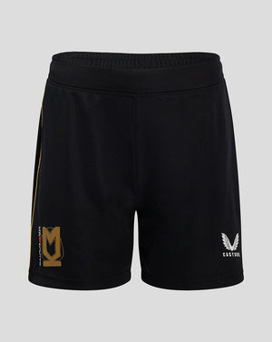 Black Mk Dons Women's 24/25 third shorts with gold crest on left leg and Castore logo on the right