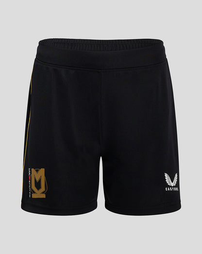 Black Mk Dons Women's 24/25 third shorts with gold crest on left leg and Castore logo on the right