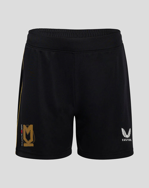 Black Mk Dons Women's 24/25 third shorts with gold crest on left leg and Castore logo on the right