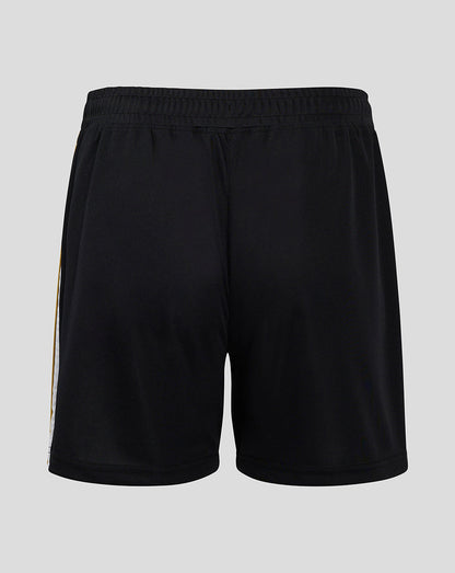 Back view of black Mk Dons 24/25 third shorts with white and gold side stripe