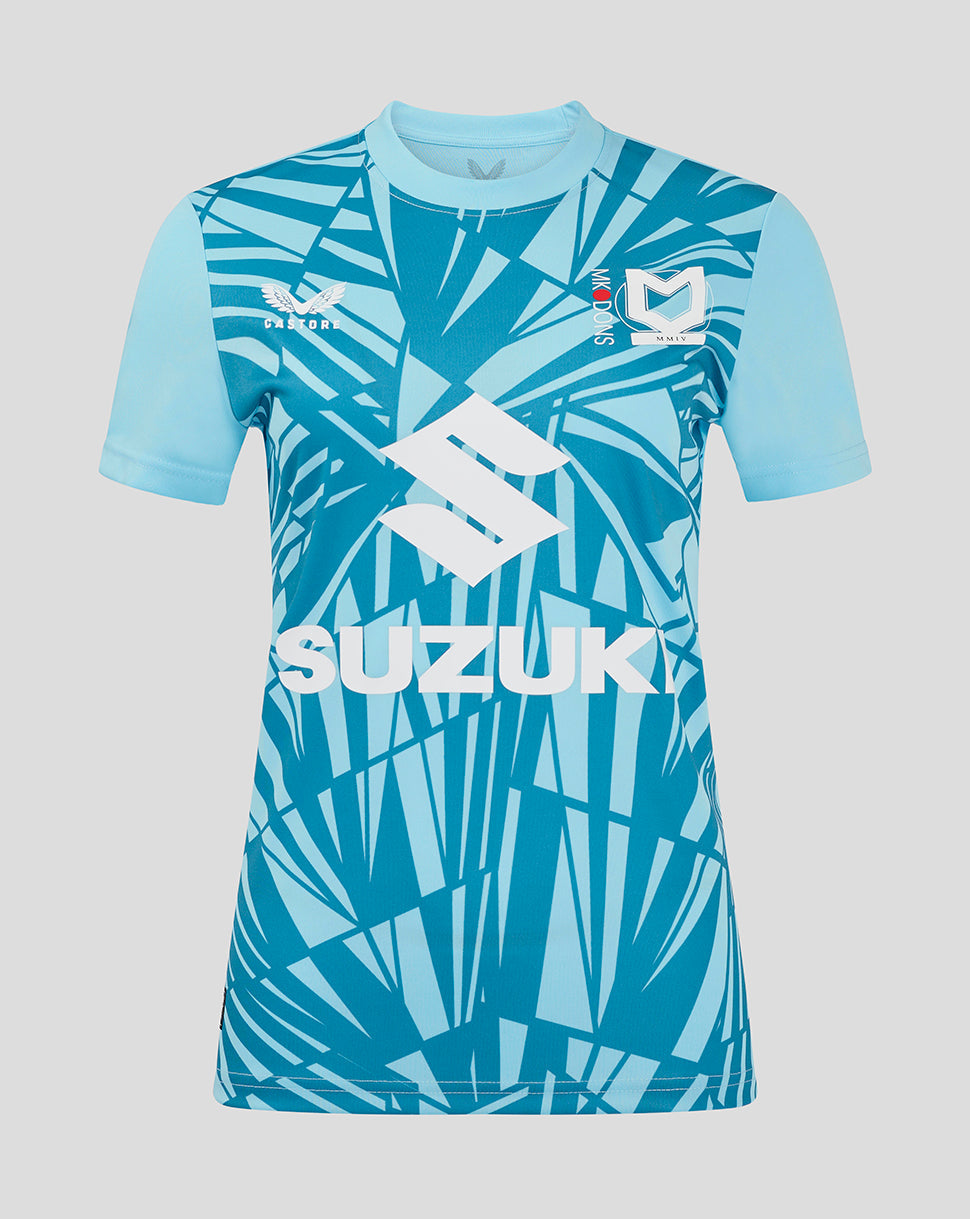 Women’s Mk Dons 24/25 third goalkeeper shirt in blue with teal sleeves and abstract leaf pattern and Suzuki sponsor logo.