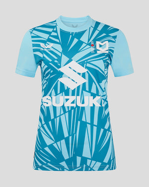 Women’s Mk Dons 24/25 third goalkeeper shirt in blue with teal sleeves and abstract leaf pattern and Suzuki sponsor logo.