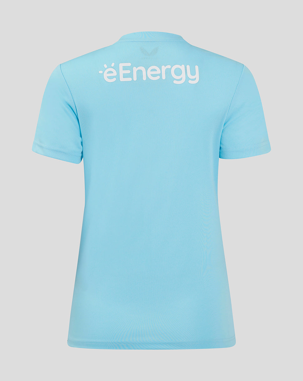 Back view of a light blue Mk Dons Women 24/25 third goalkeeper shirt with éEnergy logo on the upper back.