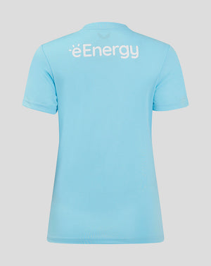 Back view of a light blue Mk Dons Women 24/25 third goalkeeper shirt with éEnergy logo on the upper back.