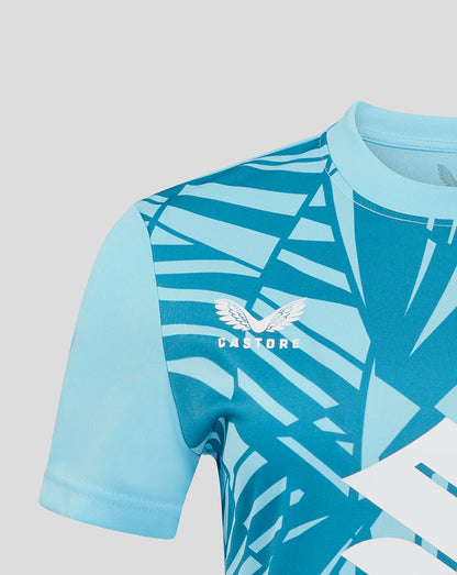 Close up of turquoise Mk Dons Women's 24/25 third goalkeeper shirt with Castore logo on the chest.