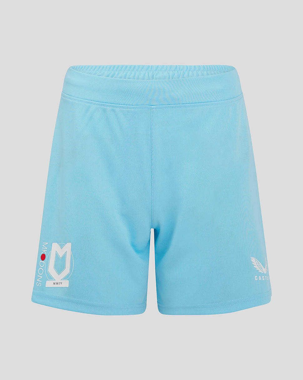 Light blue Mk Dons women's third goalkeeper shorts shown from the back with vertical Mk Dons text on the left leg and a crest on the right leg