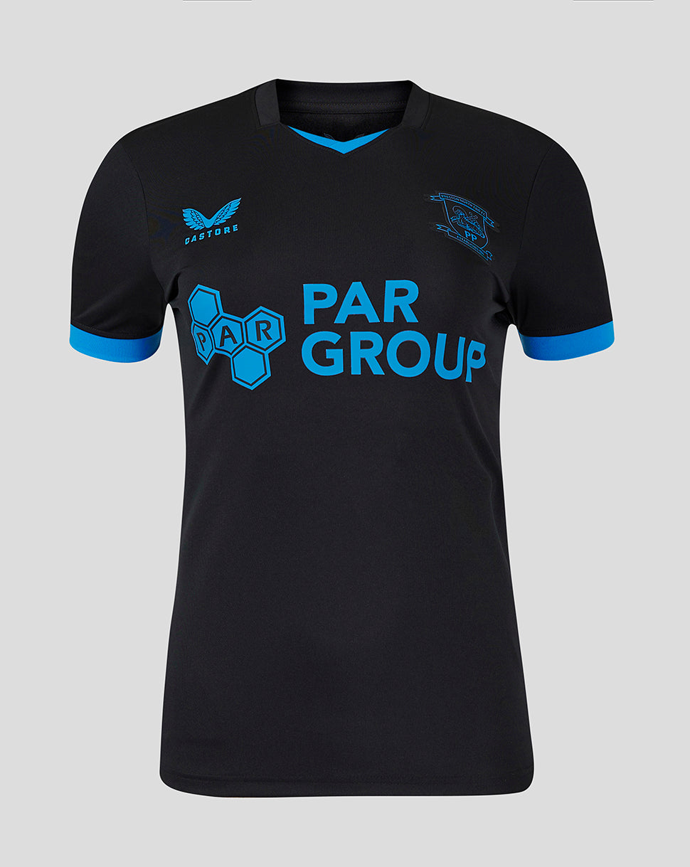 Front view of Preston Women's 24/25 Third Shirt in black with bright blue PAR GROUP logo across the chest and a crest on the left chest.