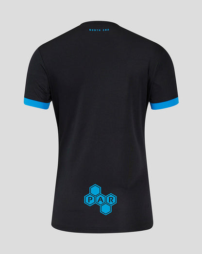 Back view of black Preston Women's 24/25 Third Shirt with NORTH END at the neckline blue sleeve cuffs and PAR hex logo at the hem.