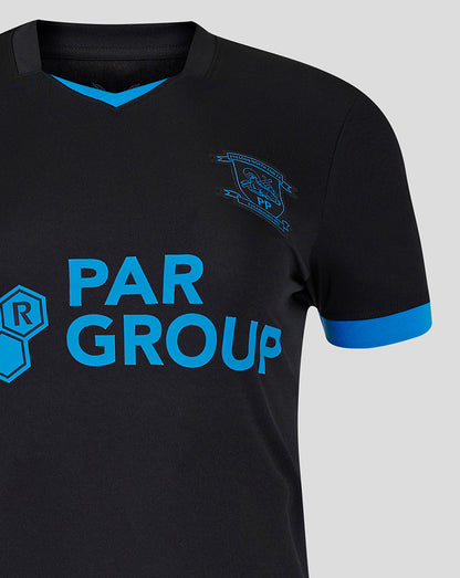 Close-up of Preston Women's 24/25 Third Shirt showing a crest on the chest and bold blue PAR GROUP lettering across the front.