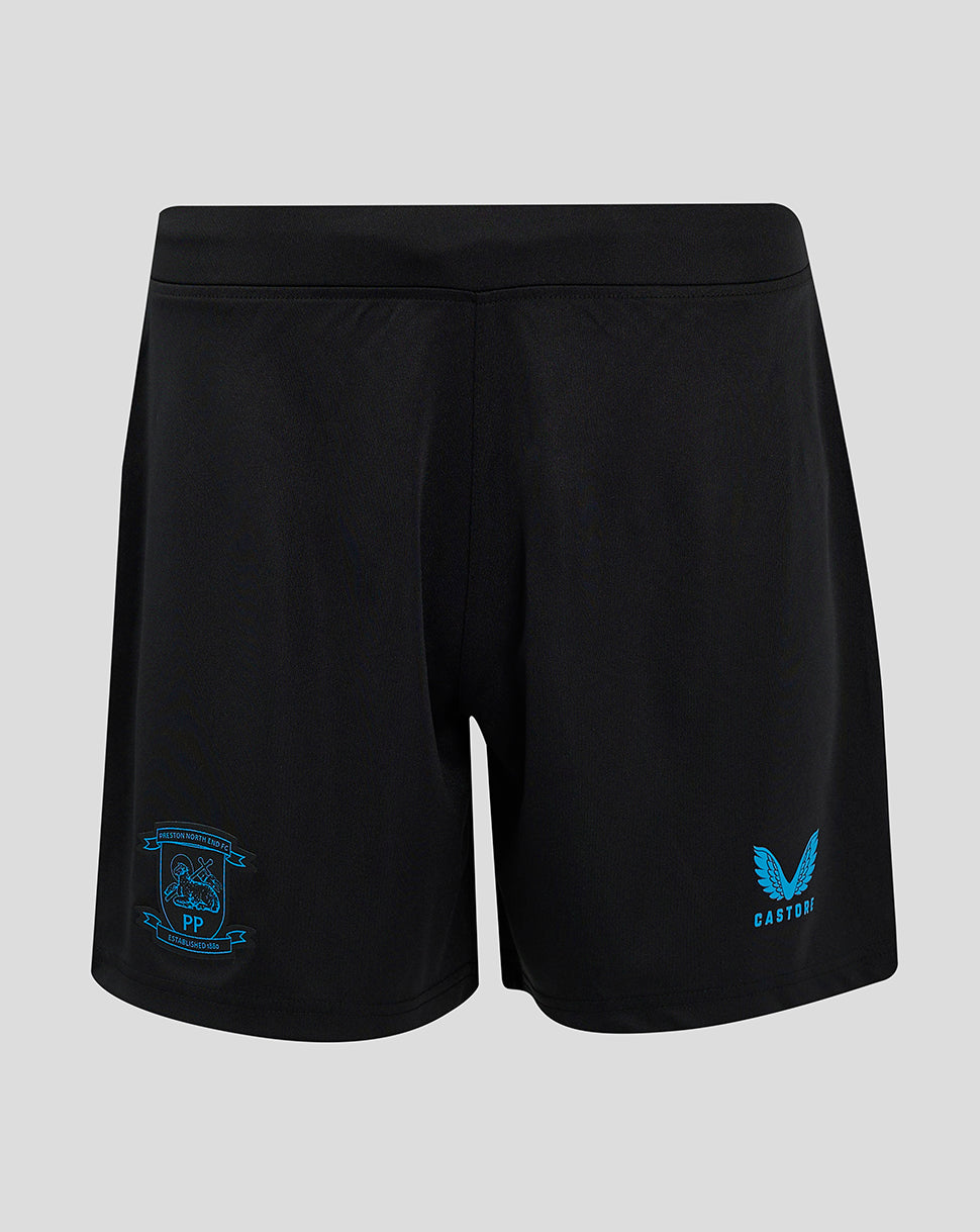 Back view of black Preston North End Third Shorts with blue club crest on left leg and Castore logo on right leg.