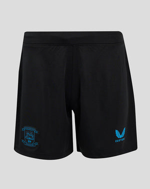 Back view of black Preston North End Third Shorts with blue club crest on left leg and Castore logo on right leg.