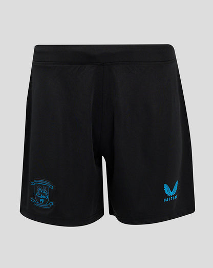 Back view of black Preston North End Third Shorts with blue club crest on left leg and Castore logo on right leg.