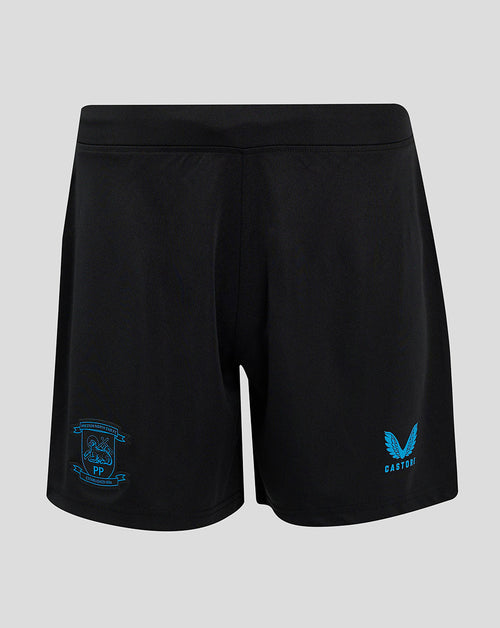 Back view of black Preston North End Third Shorts with blue club crest on left leg and Castore logo on right leg.