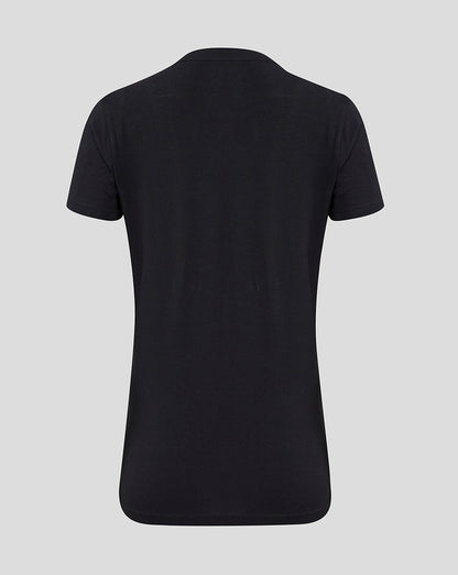 Back view of black England Cricket Women's 24/25 Training Logo Tee showing plain back and dropped hem