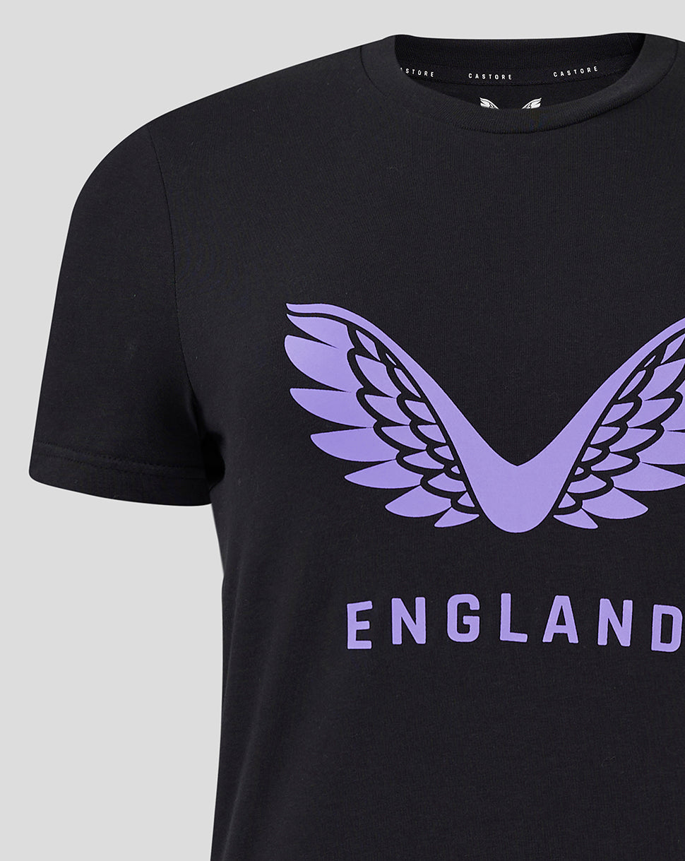 Chest view of black England training tee showing purple wing logo and ENGLAND wordmark