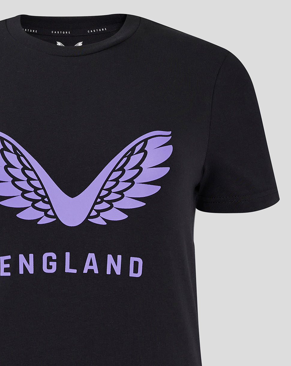 Close up of purple wings graphic on black England training tee with ENGLAND lettering
