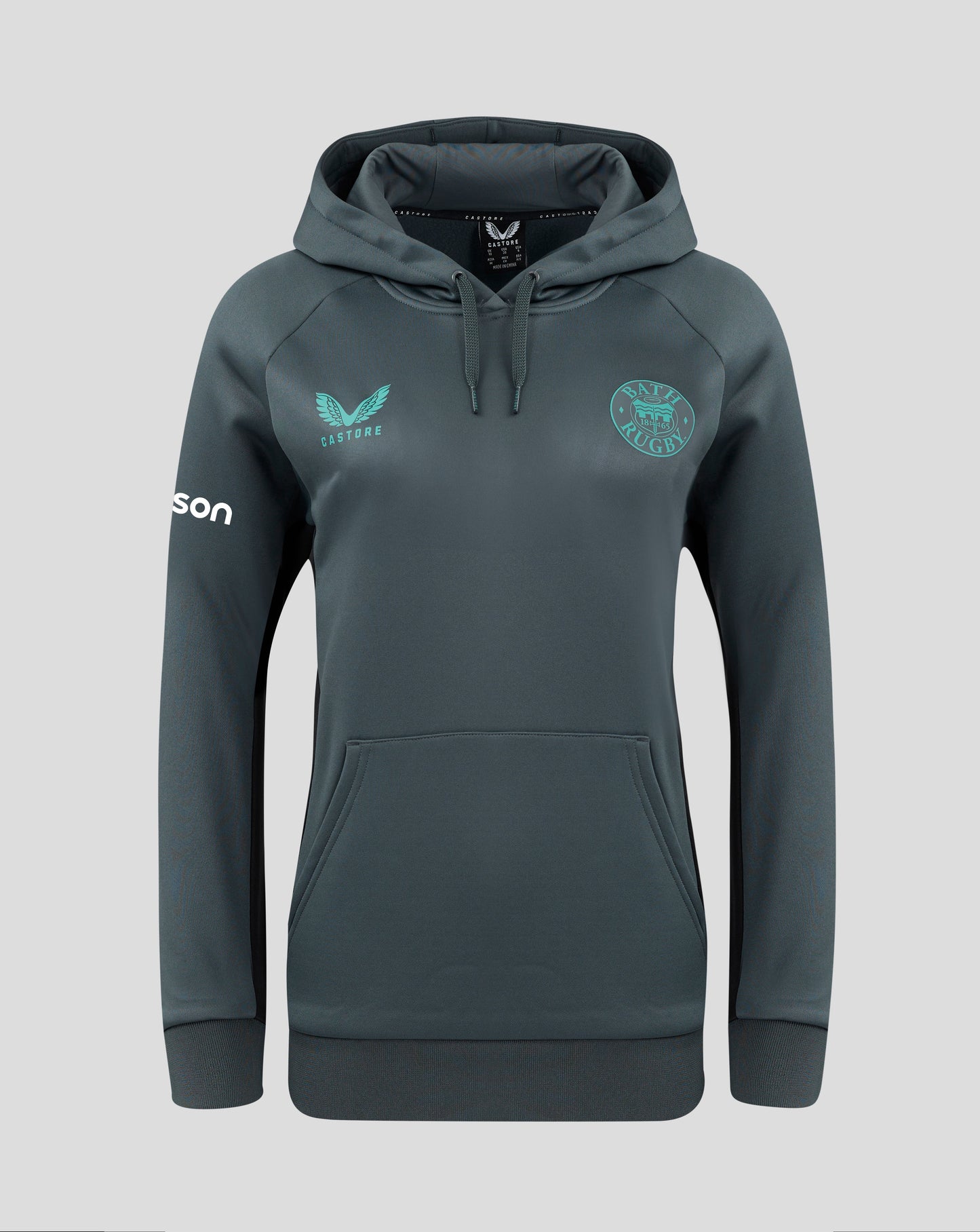 Front view of dark teal Bath Rugby hoodie with turquoise crest on the left chest and Castore logo on the right chest